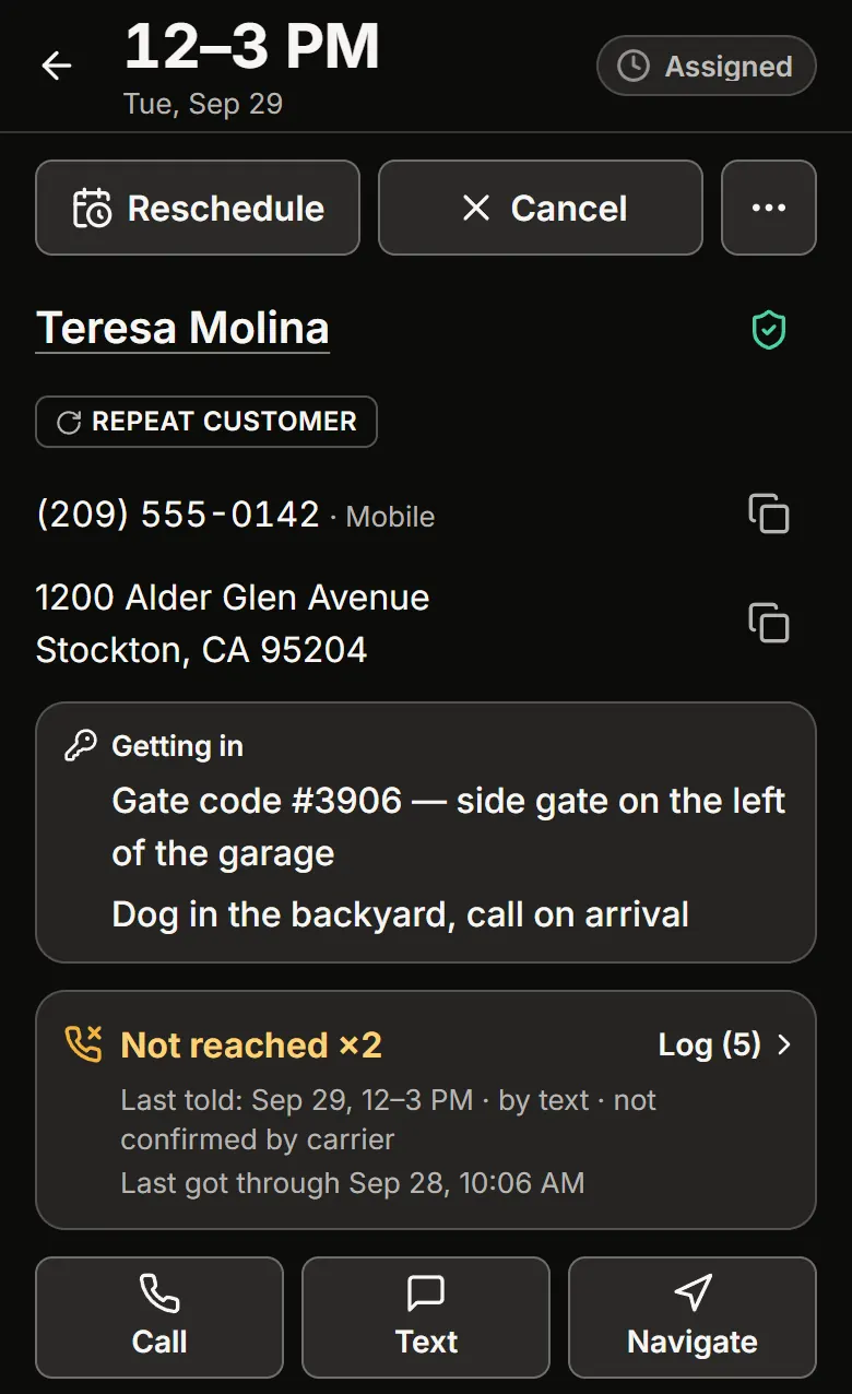 The technician's order page on a phone: the 12–3 PM window, the customer's name, phone and address, the gate code under Getting in, a contact log showing what the customer was last told, and Call, Text and Navigate buttons.