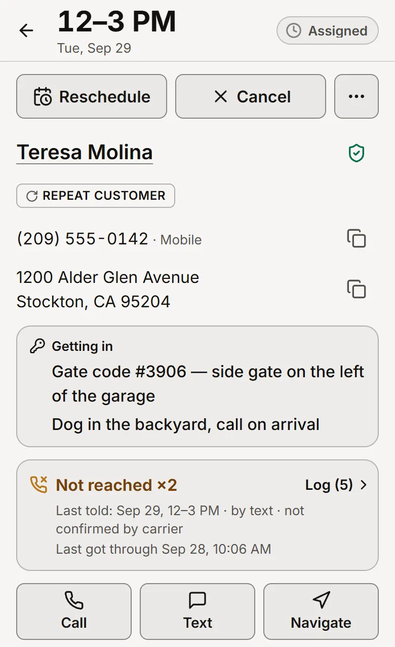 The technician's order page on a phone: the 12–3 PM window, the customer's name, phone and address, the gate code under Getting in, a contact log showing what the customer was last told, and Call, Text and Navigate buttons.